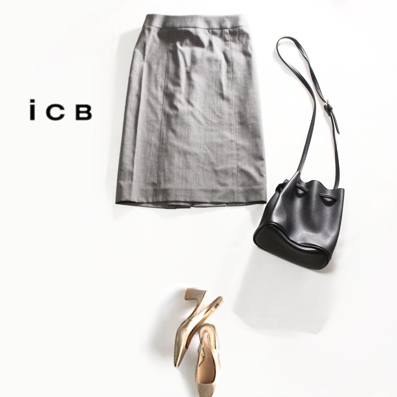美品 ICB アイシービー 株) オンワード樫山 春 夏 ほんのりミックス サマーウール スーツ タイトスカート 9号 2 グレー ビジネス 綺麗め拍卖