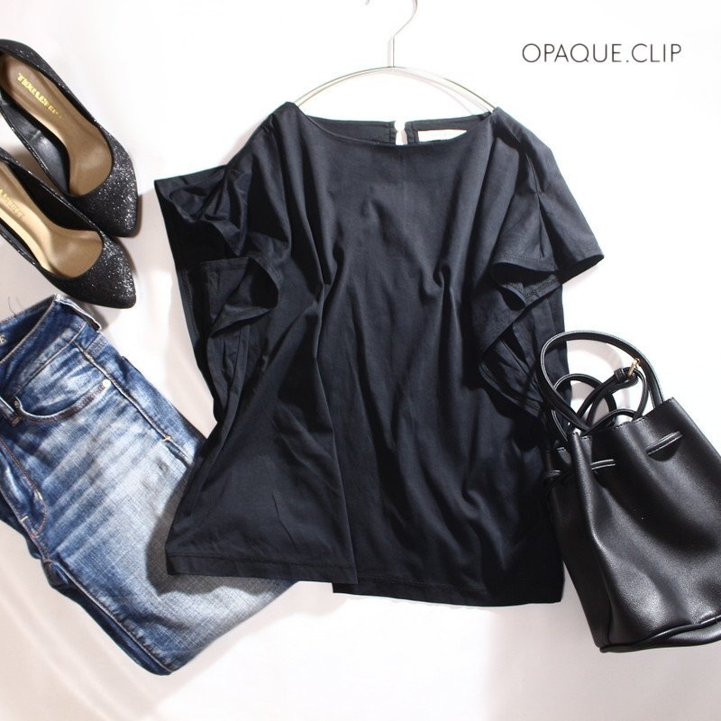 美品 オペ―ク ドットクリップ OPAQUE.CLIP 株) ワールド 夏 ゆったり ストレッチ Tシャツ 半袖 カットソー ブラック 黒 7号 36拍卖