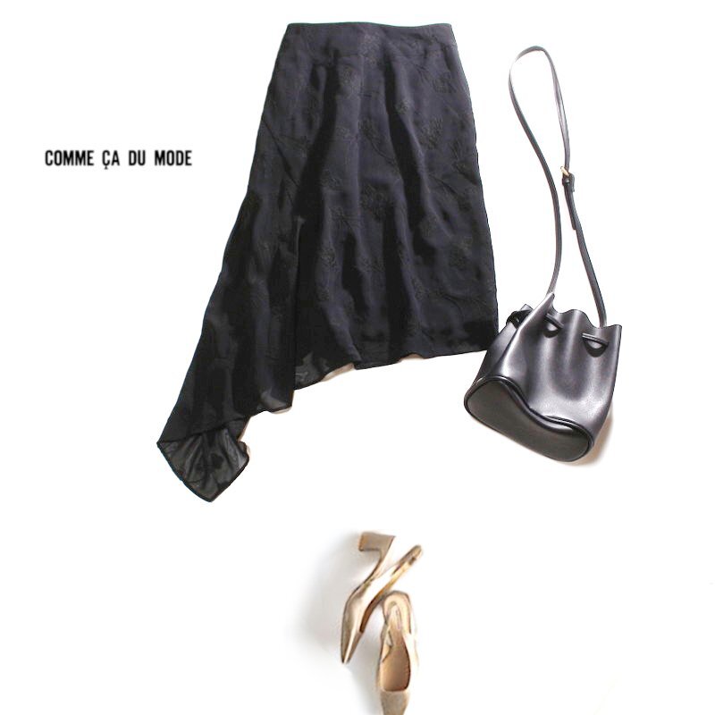 美品 コムサデモード COMME CA DU MODE 春 夏 刺繍 フラワー エレガント アシンメトリー フレア シフォンスカート 11号 ブラック 黒 ミセス拍卖