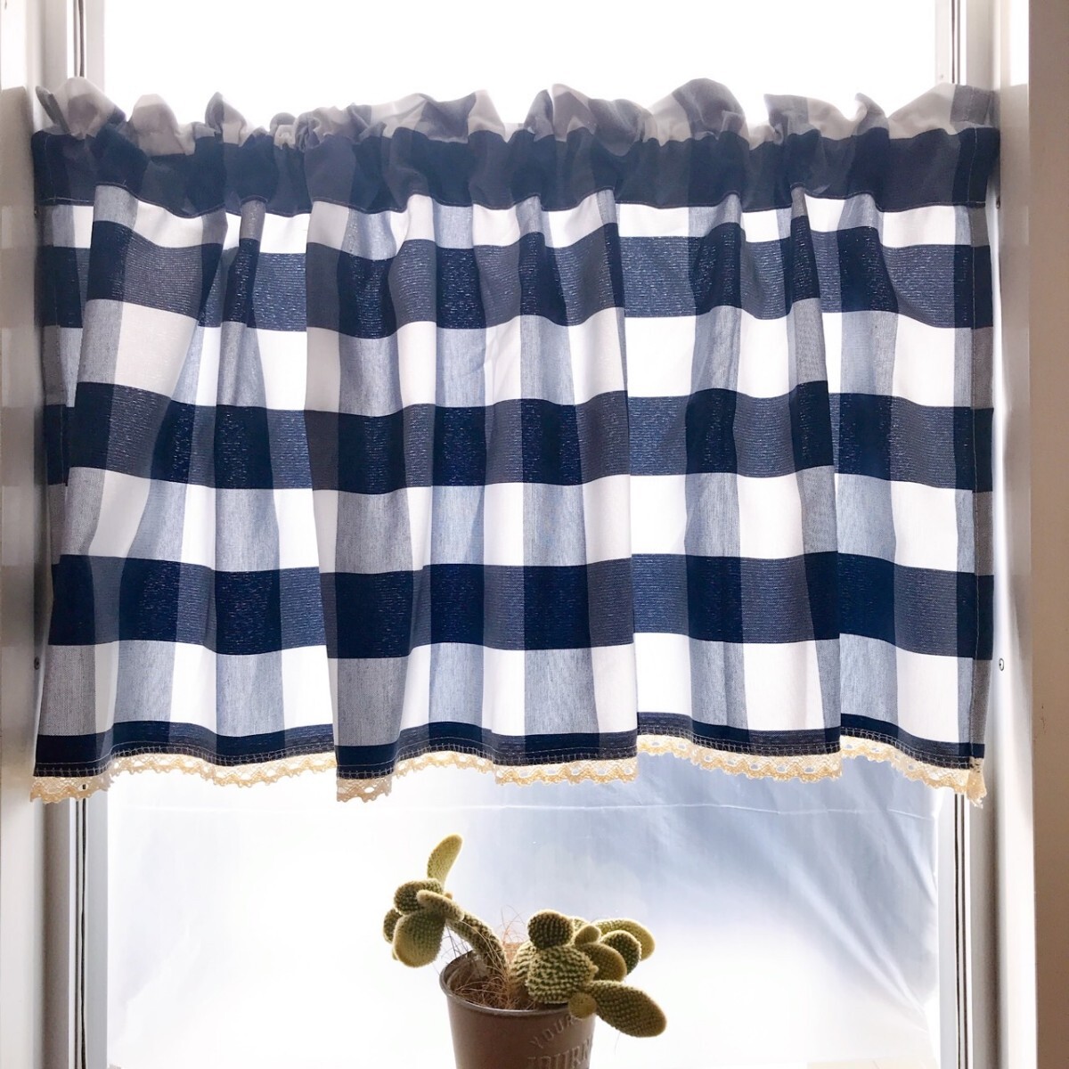 カフェカーテン チェック柄 ネイビー 1枚 幅120×丈47 レース 遮光拍卖