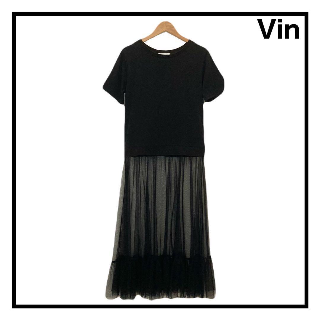 スコットクラブ Vin フレアシアーワンピース 透け感 半袖 ブラック M拍卖