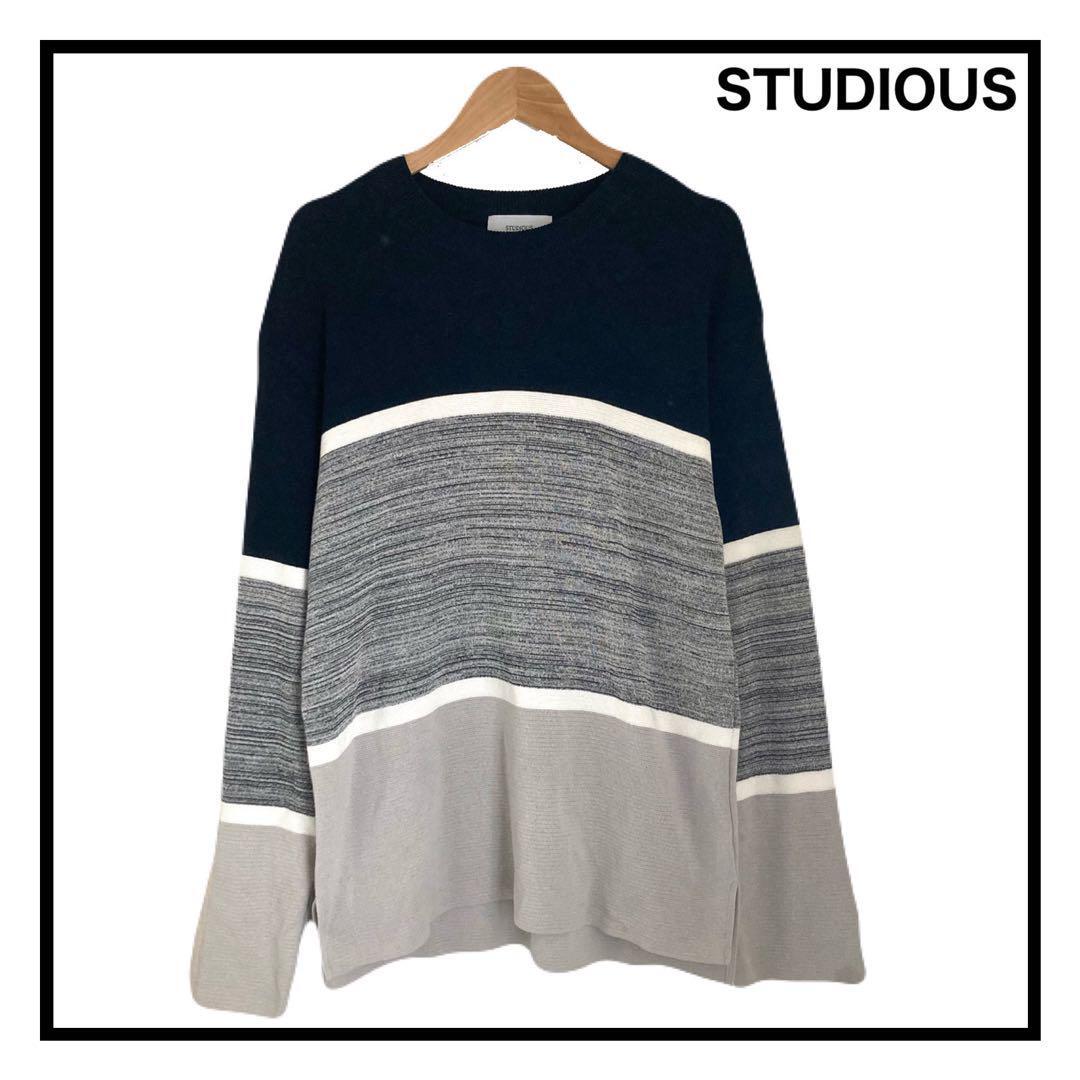 STUDIOUS ボーダー 3色 ニット セーター 長袖 コットン ボーダー拍卖