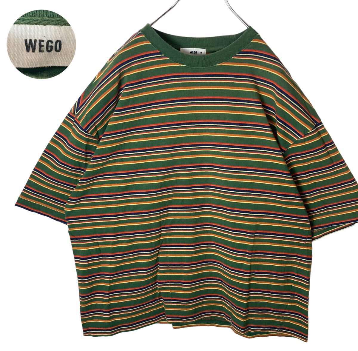 グリーンベースマルチカラーボーダーリンガーネック古着Tシャツ ゆったりサイズ拍卖