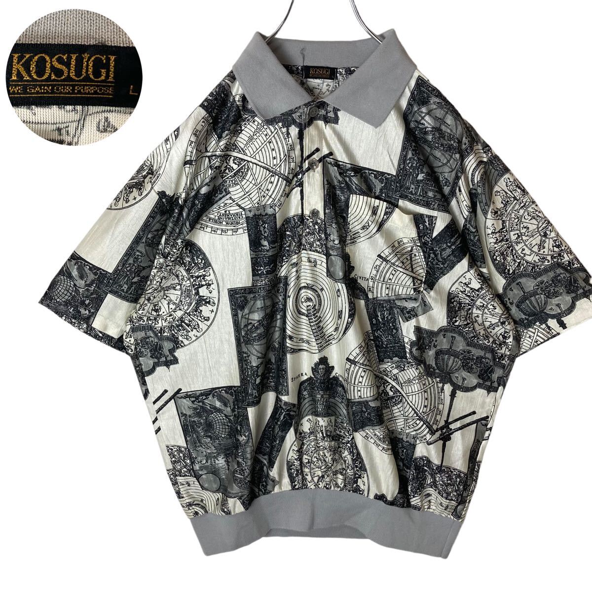 レトロ古着 モノトーンアンティーク調総柄テロテロ素材クレリックポロシャツゆったり拍卖