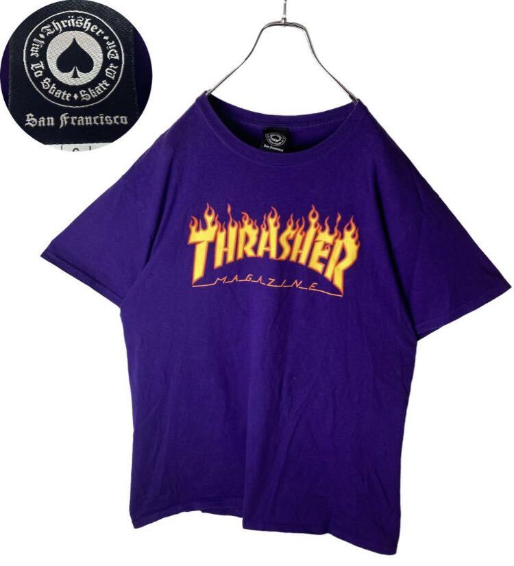 グッドデザイン古着!THRASHER ファイアーパターンでかロゴパープルTゆったり拍卖