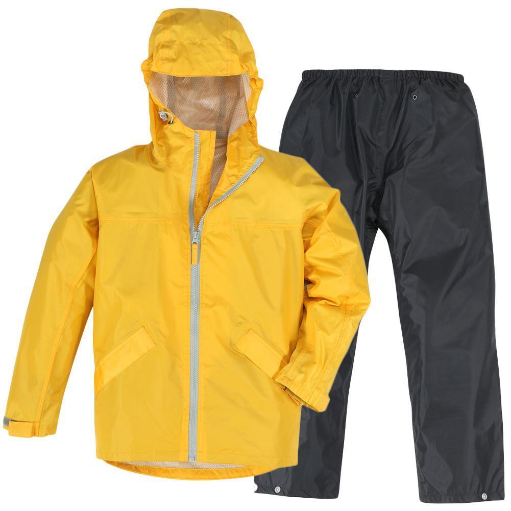 レインウェア 上下 新品 キッズ (イエロー/150)男女兼用 自転車 スポーツ アウトドア キャンプ ジュニア レインスーツ レインパンツ 黄色拍卖