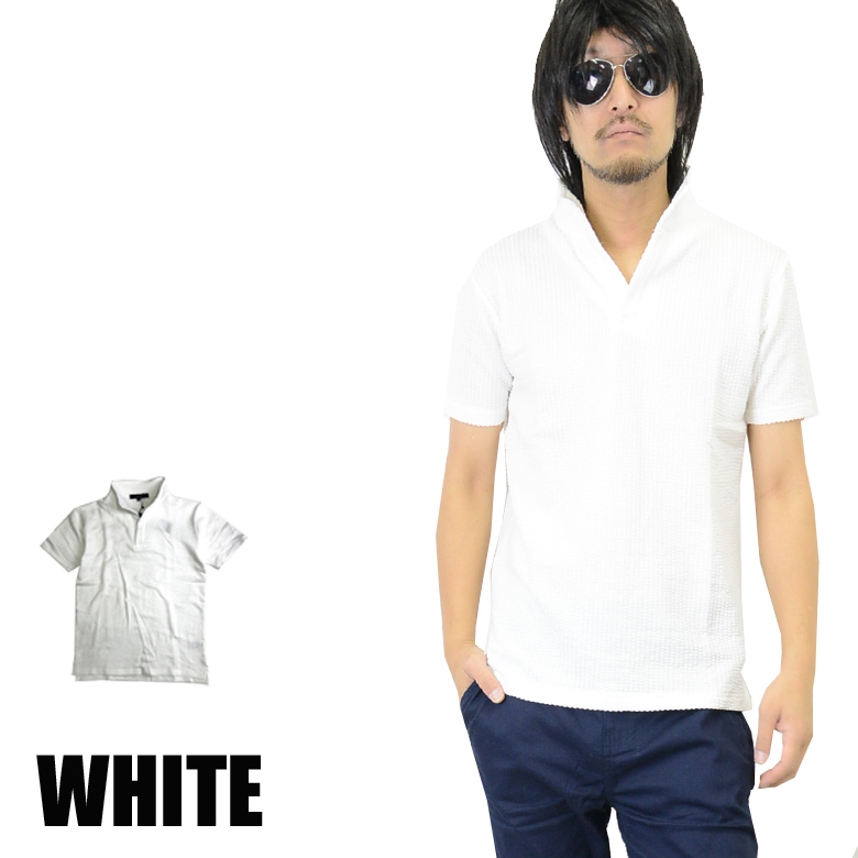 立襟 イタリアンカラー ストレッチシアサッカー半袖ポロシャツ ワイヤー 入り 99-y256 新品ホワイト XL拍卖