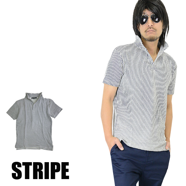 立襟 イタリアンカラー ストレッチシアサッカー半袖ポロシャツ ワイヤー 入り 99-y256 新品 ストライプ M拍卖