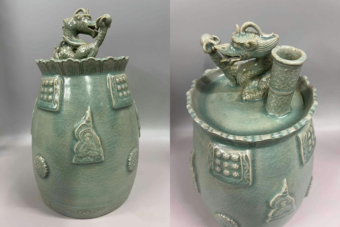 珍品旧蔵 朝鮮 高麗磁 朝鮮古陶磁器 古高麗 李朝時代 高麗青磁陽刻仏鐘C677拍卖