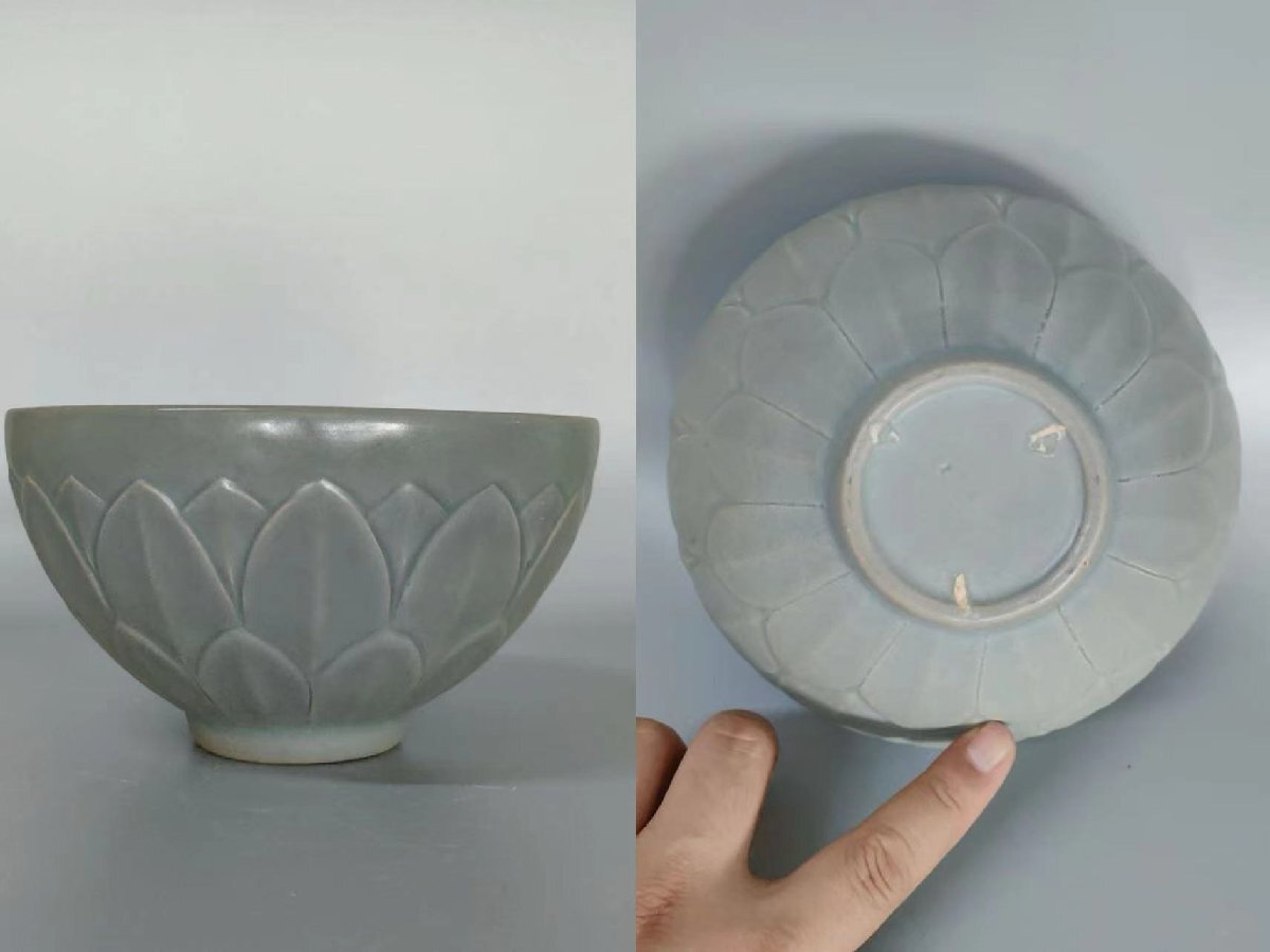 ★朝鮮 高麗磁 朝鮮古陶磁器 古高麗 李朝 高麗青磁蓮花紋碗 朝鮮陶磁古美術 旧家買出品★P410拍卖