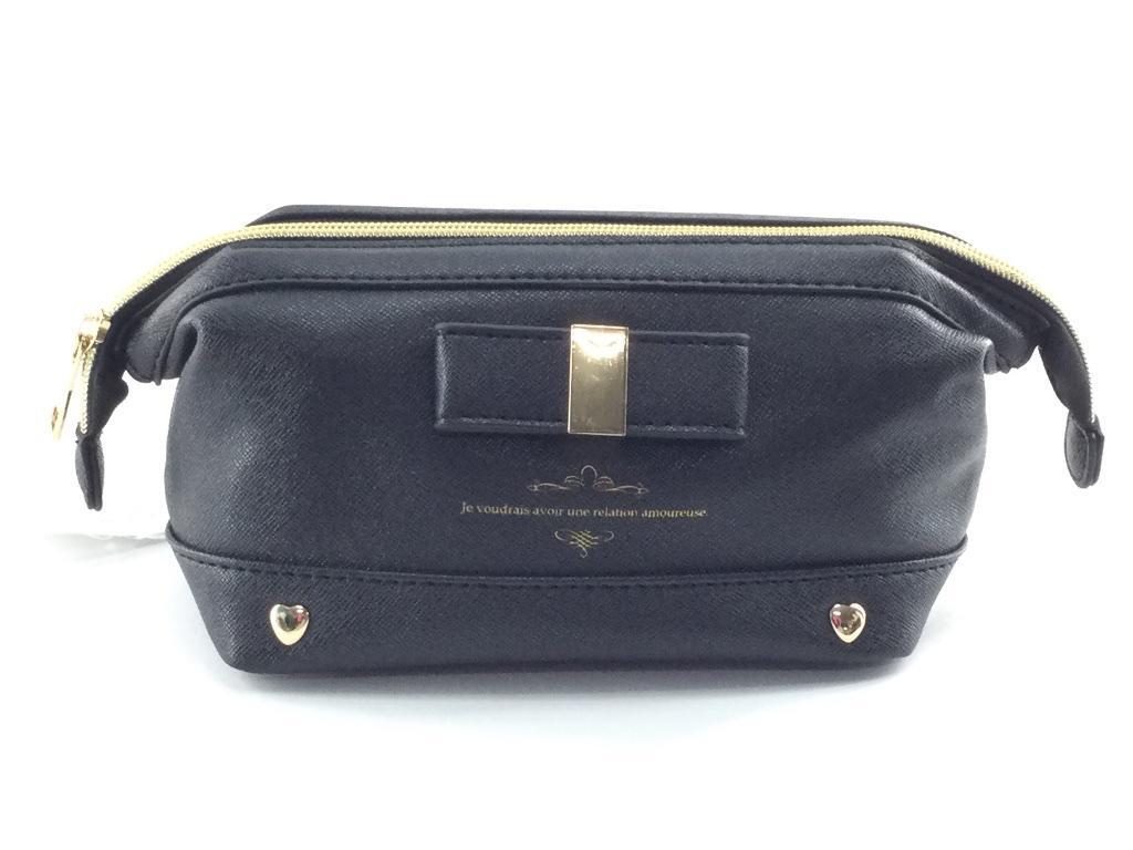 ポーチ 合皮 化粧 マチ付き ジップポーチ ゴールドアクセント ブラック拍卖