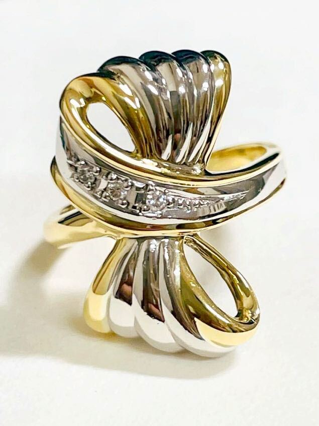 ☆K18/Pt900 ダイヤ0.04ct付きリボンデザインリング☆拍卖