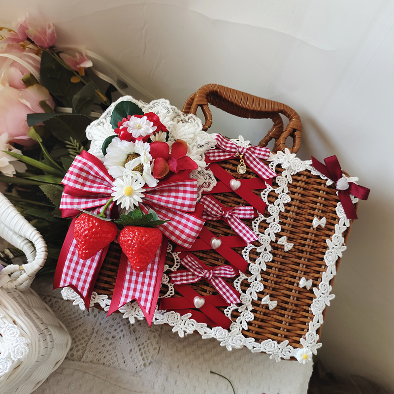 ロリータ ラタンバスケット 甘ロリ 籐かご 撮影小物 ミニバッグ バスケット 手提げバッグ かごバッグ 春夏 カントリー ゆめかわいい 可愛い拍卖