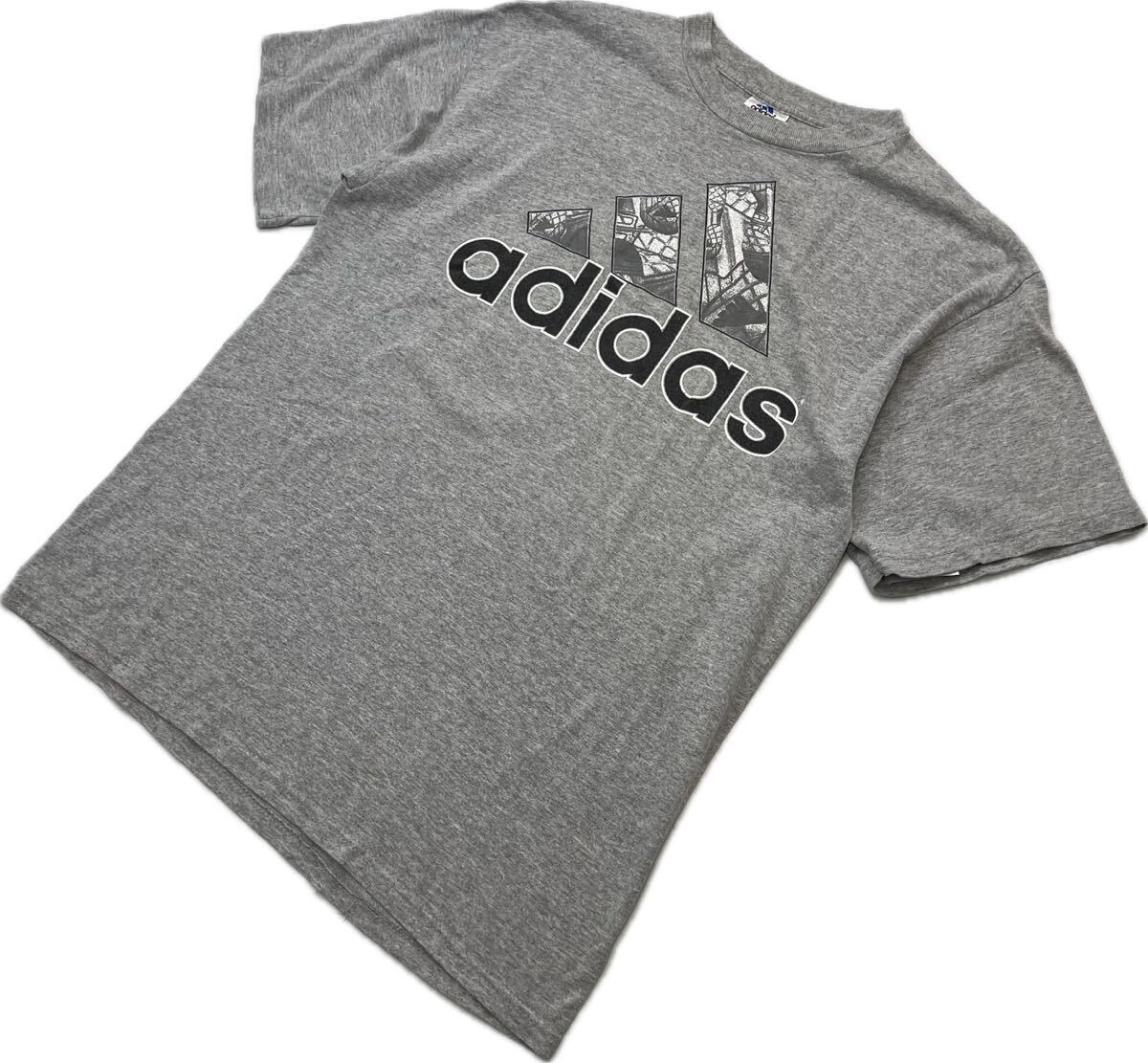 90s ☆ adidas USA製 アート ロゴ プリント Tシャツ 半袖 グレー M 春夏 スポーツ ストリート アメカジ 古着 アディダス ビンテージ■BF281拍卖