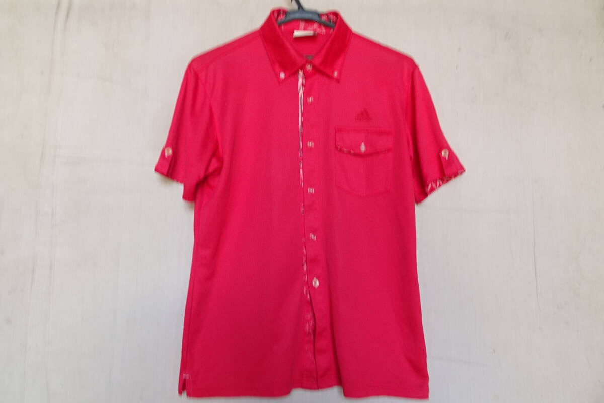 adidas/アディダス/襟付半袖シャツ/ゴルフウェア/ボタンダウン/速乾性素材/フラップポケット/袖口ベルト/ビビットピンク/Mサイズ(7/8R)拍卖