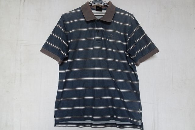 adidas/アディダス/半袖ポロシャツ/ボーダー柄/襟・袖口リブ素材/ロゴししゅう/裾サイドスリット/紺/ネイビー/Lサイズ(7/16R)拍卖