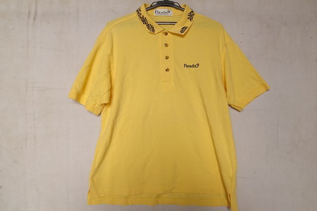 Paradiso/パラディーゾ/半袖ポロシャツ/ゴルフウェア/鹿の子素材/襟柄入/裾サイドスリット/ブライトイエロー/黄/Lサイズ(7/26R)拍卖