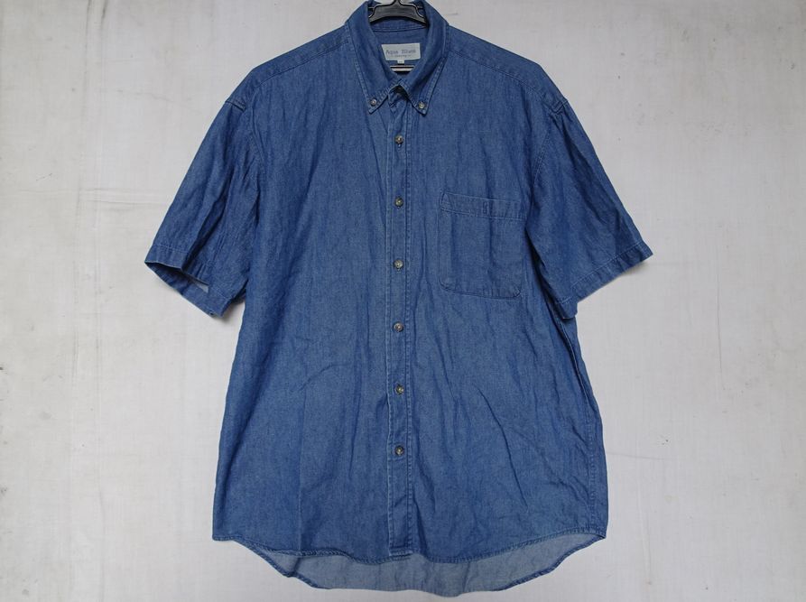 Aqua Blues/アクアブルース/半袖ボタンダウンシャツ/ダンガリーデニム風素材/左胸ポケット/インディゴブルー/青/Mサイズ(7/17R)拍卖