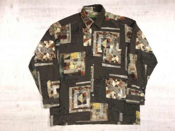 GILDAS 絵画 ART アート 総柄 オールド レトロ モード ストリート 古着 ポリシャツ 長袖シャツ 柄シャツ メンズ L カーキブラウン拍卖