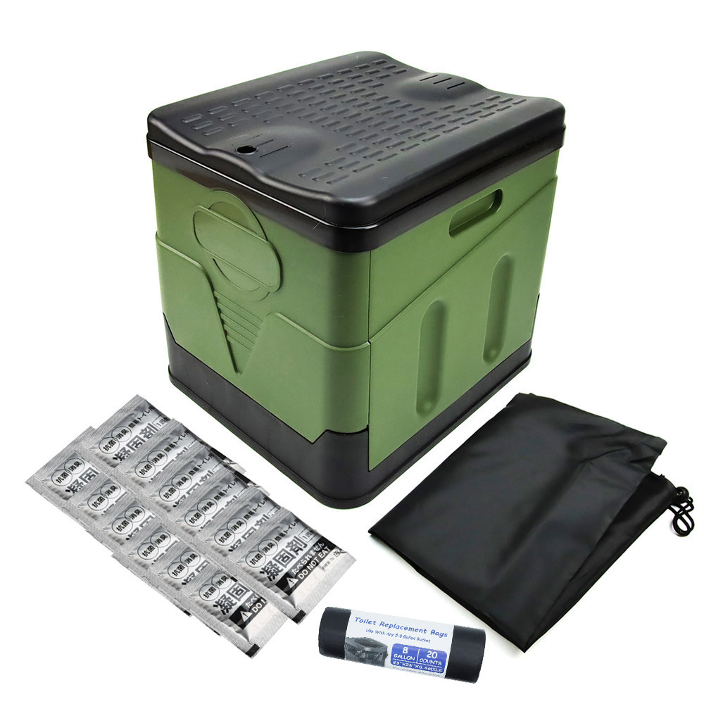簡易トイレ 携帯トイレ 処理袋20枚付 凝固剤12個付き 防災グッズ 多機能 非常用 防災 車中泊 収納バッグ付属折りたたみ式 (グリーン)拍卖