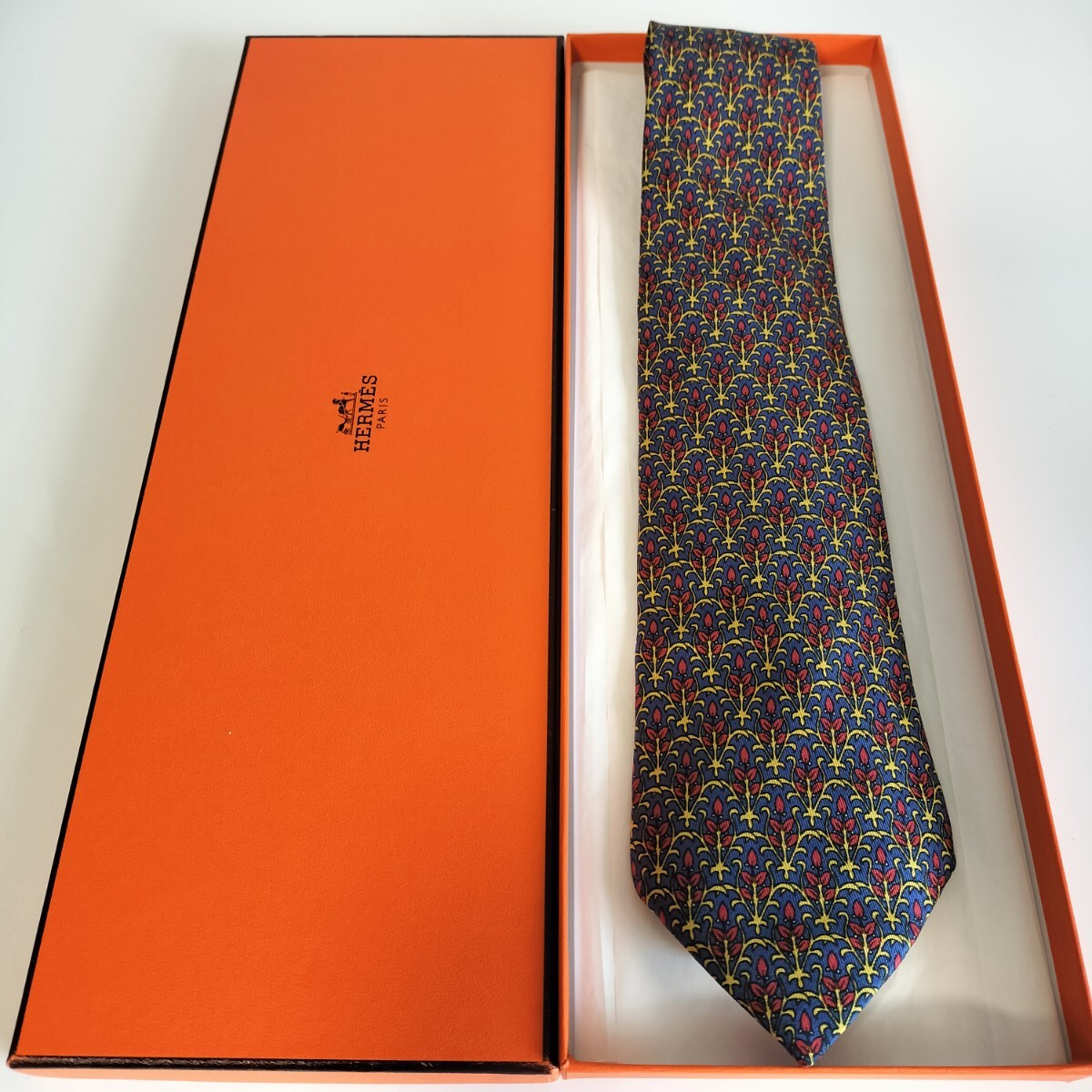 エルメス(HERMES)紺赤ゴールド花蕾ネクタイ拍卖