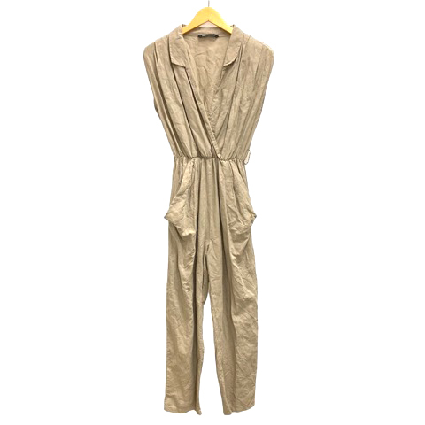 ザラ ZARA オールインワン パンツ ノースリーブ タック リネン混 ロング丈 無地 M ベージュ レディース拍卖