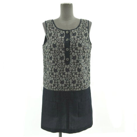 クイーンズコート QUEENS COURT ワンピース ノースリーブ レース切替え ひざ丈 コットン混 ネイビー系 紺系 アイボリー 2 レディース拍卖