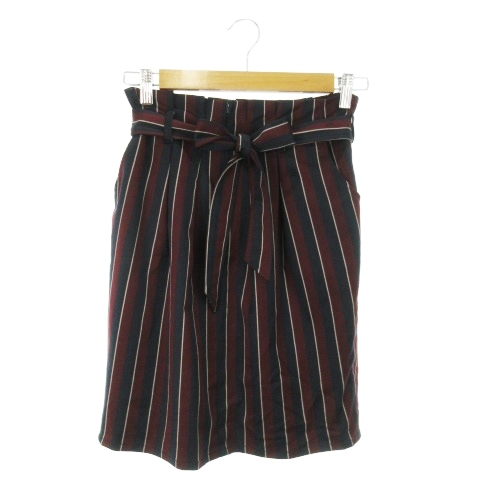 アーガ Aga スカート タイト ミニ ハイウエスト ストレッチ ギャザー リボン ストライプ 総柄 9 紺 ネイビー /AO2 レディース拍卖