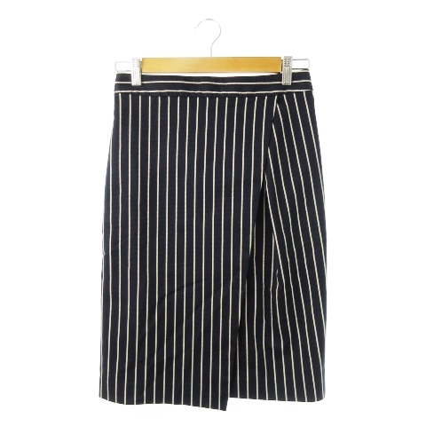 トゥモローランドコレクション TOMORROWLAND collection スカート タイト ひざ丈 ラップデザイン ストレッチ コットン ストライプ 38 紺拍卖