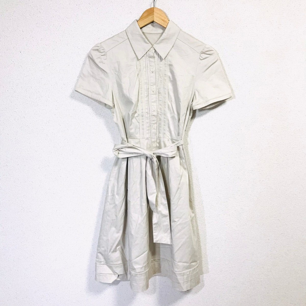 FA770dL 日本製 ef-de エフデ サイズ9 (M位) 半袖 シャツワンピース ロングワンピース グレー レディース ウエストリボン 裏地付き拍卖