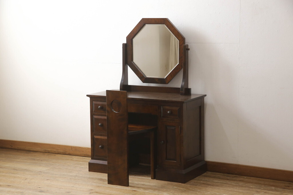 R-067449 中古 美品 星野民芸家具 クラシカルかつモダンなデザインが魅力のドレッサーとチェアのセット(鏡台、ミラー、化粧台、イス、椅子)拍卖