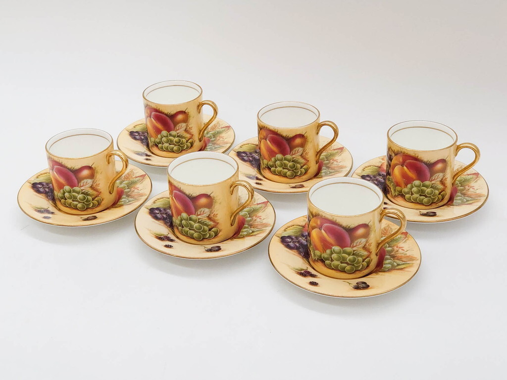 R-076817 イギリス EYNSLEY(エインズレイ) オーチャードゴールド デミタスカップ&ソーサー6客セット(スティル・ライフ・フルーツ、洋食器)拍卖