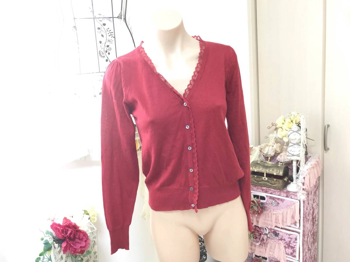 レディス Mサイズ:アースミュージック&エコロジー◆レーストリミングニット・カーディガン:赤拍卖