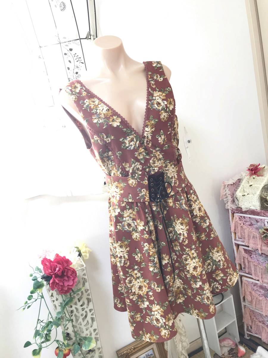 レディスMサイズ:アクシーズファム【axes femme】ベルト付き花柄ジャンドレ/ジャンパースカート・ワンピース拍卖
