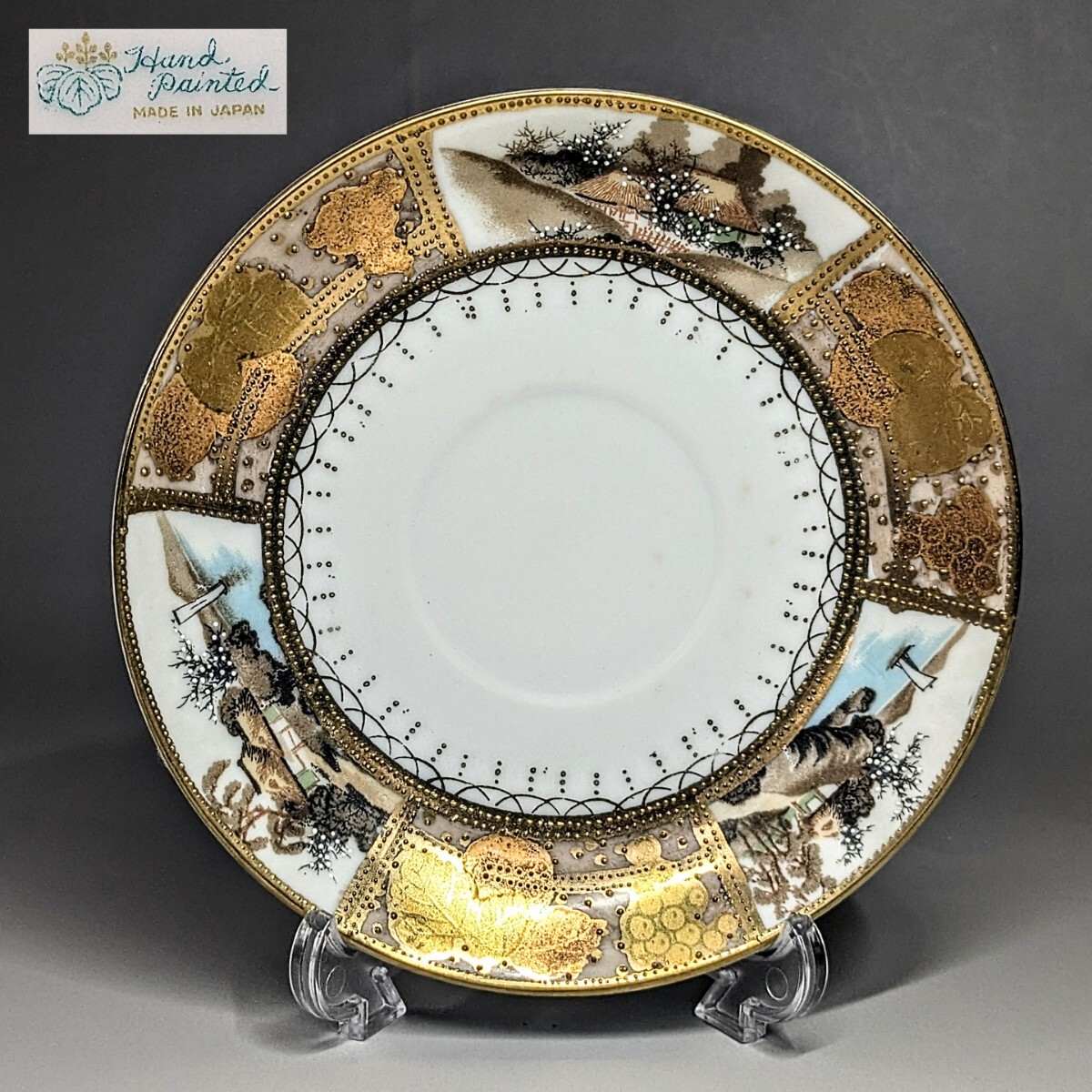 最高峰大銘品! 里帰り オールドニッポン金彩白釉盛梅花葡萄紋湖畔風景図 ソーサー のみ拍卖