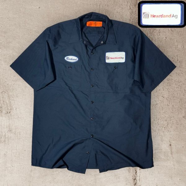 ★RED KAP★Heart land Agワッペン★半袖ワークシャツ sizeXL(大きめ) ダークネイビー系 スナップボタン(上部) レッドキャップ 古着拍卖