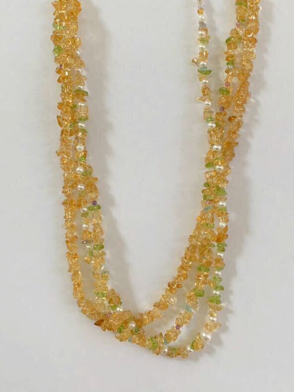 【美品】天然石 シトリン ペリドット トパーズ アメジスト 淡水パール 3連 ネックレス ボリューミー フィリグリークラスプ silver刻印拍卖