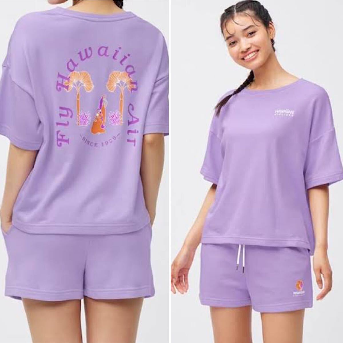 ★ ハワイアンエアライン GU 上下セット セットアップ ラウンジセット スウェット パープル Hawaiian AIRLINES コラボ 半袖 短パン Lサイズ拍卖