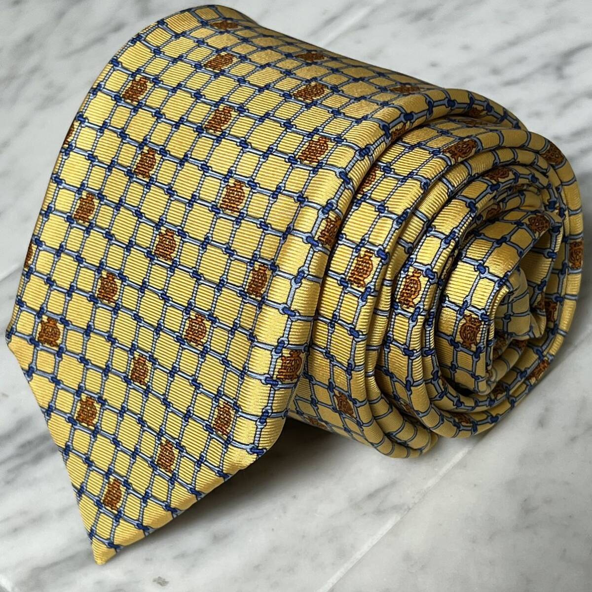 【美品】 999円~ dunhill ネクタイ イエロー ブロックチェック柄 ロゴ総柄 (YW3)拍卖