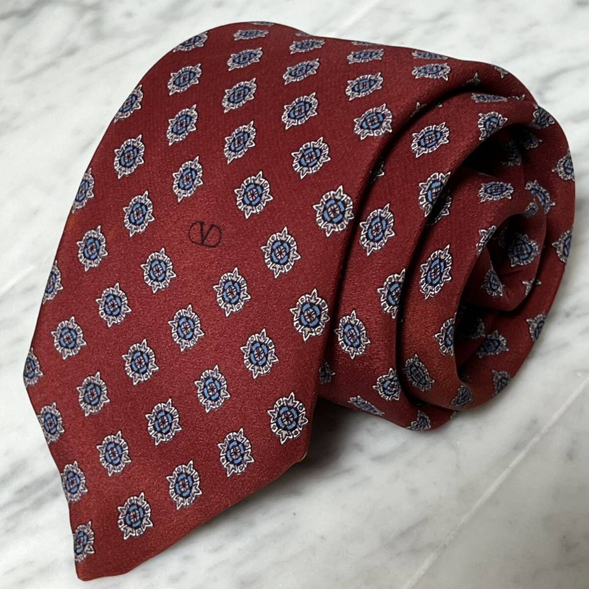 999円~ VALENTINO ネクタイ レッド 小紋 ドット ワンポイントロゴ (R3)拍卖