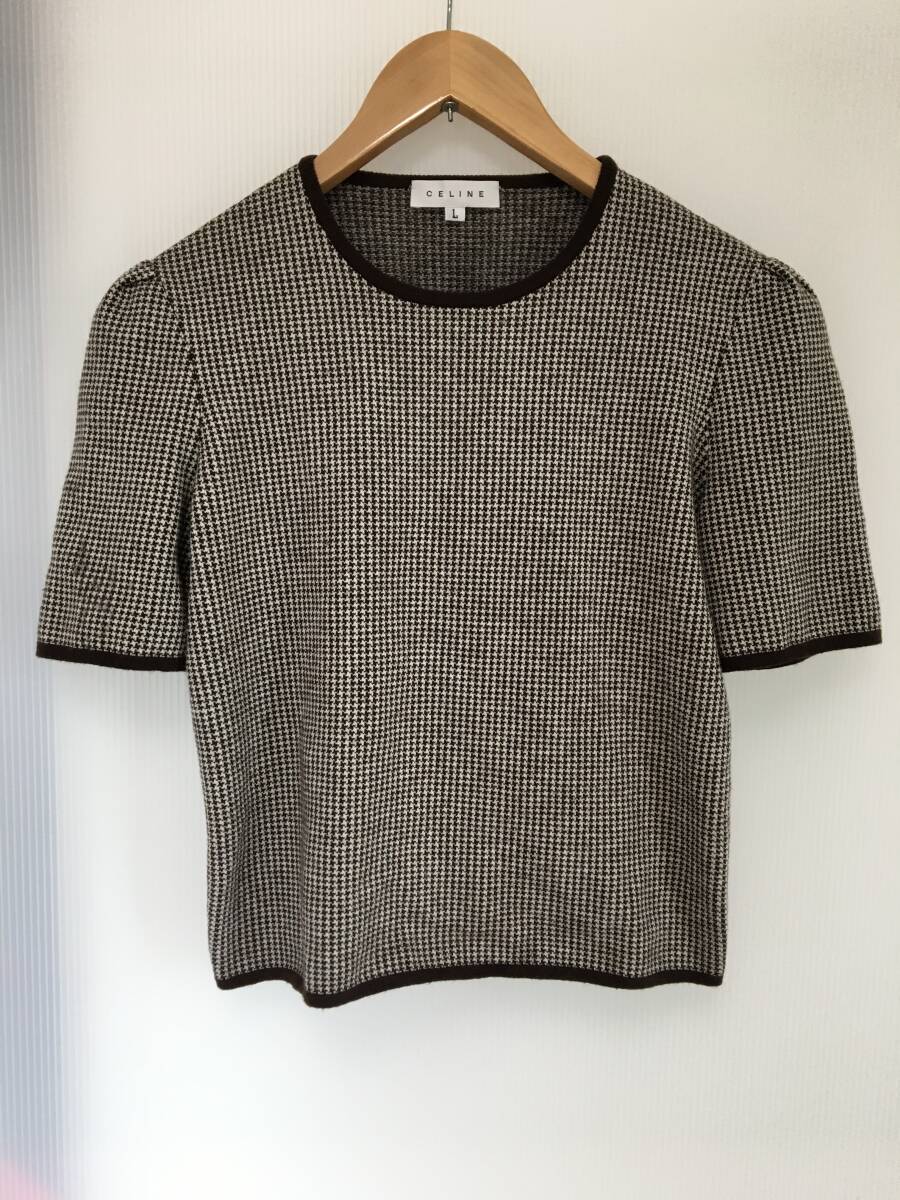 〇Y533〇USED CELINE セリーヌ レディース ニットTシャツ 半袖 トップス ブラウン系 千鳥格子 Lサイズ ブランド服 ハイブランド拍卖