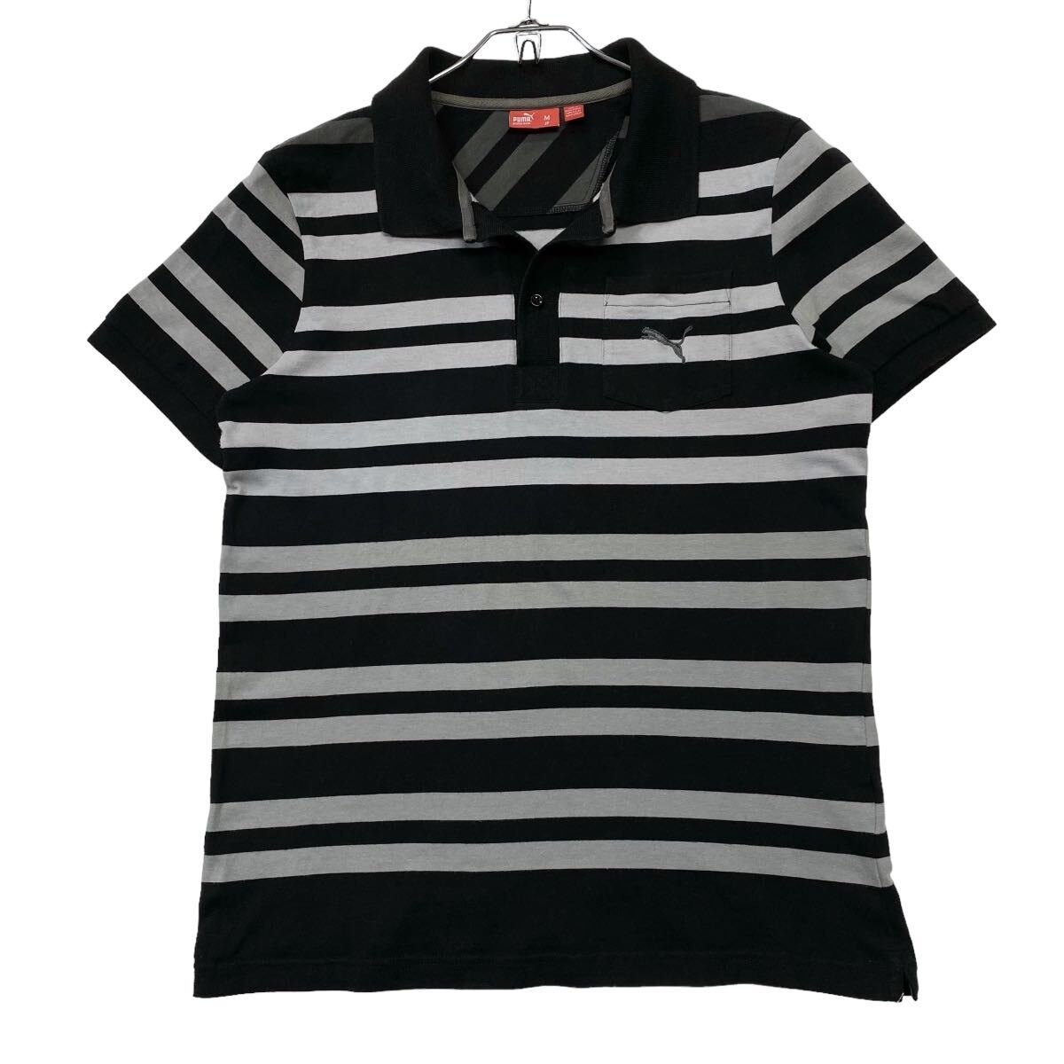 良品 PUMA/プーマ ポロシャツ ボーダーパターン メンズM ブラック/グレー系拍卖