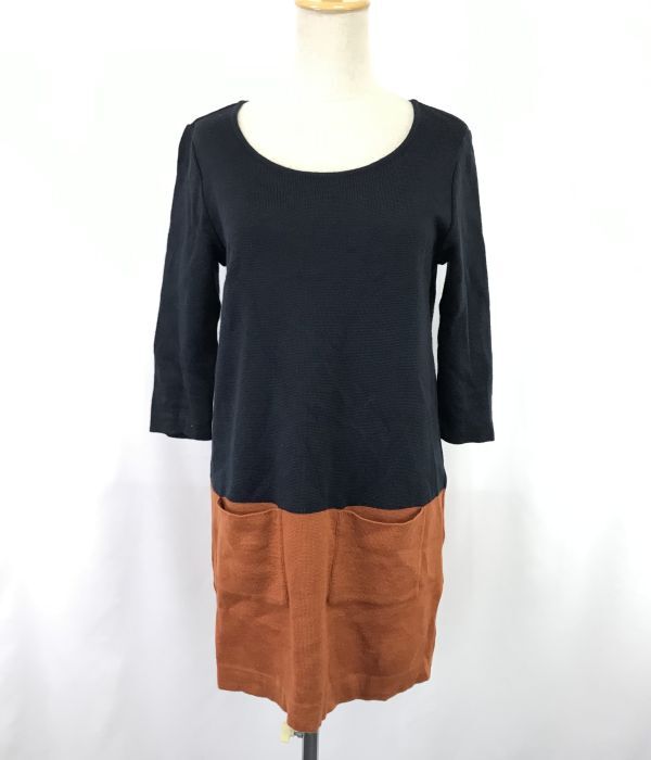 美品★日本製★フリーズフレーズ/FREE’S PHRASE★バイカラー/七分袖/ニットワンピース【レディースM/紺×オレンジ】◆BH858拍卖