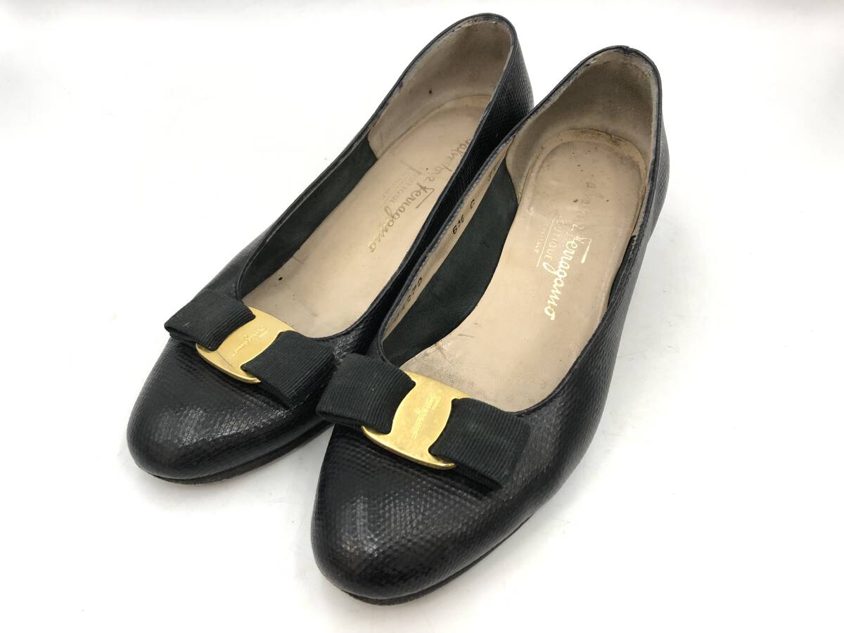 ★サイズ24cm(6 1/2)【Salvatore Ferragamo】パンプス ヴァラリボン レザー 黒 ゴールド ブラック系 ヒール サルヴァトーレ フェラガモ拍卖