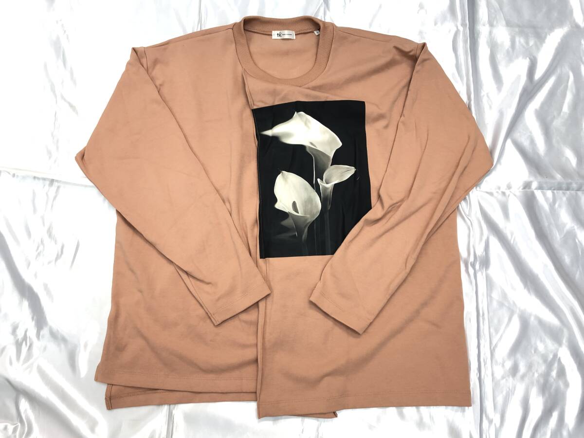 ★Lサイズ【TAKEO KIKUCHI】ドレーププルオーバー フラワーアート ロングTシャツ モード系 ベージュ系 ポンチ ドレープ 微起毛 花 服拍卖