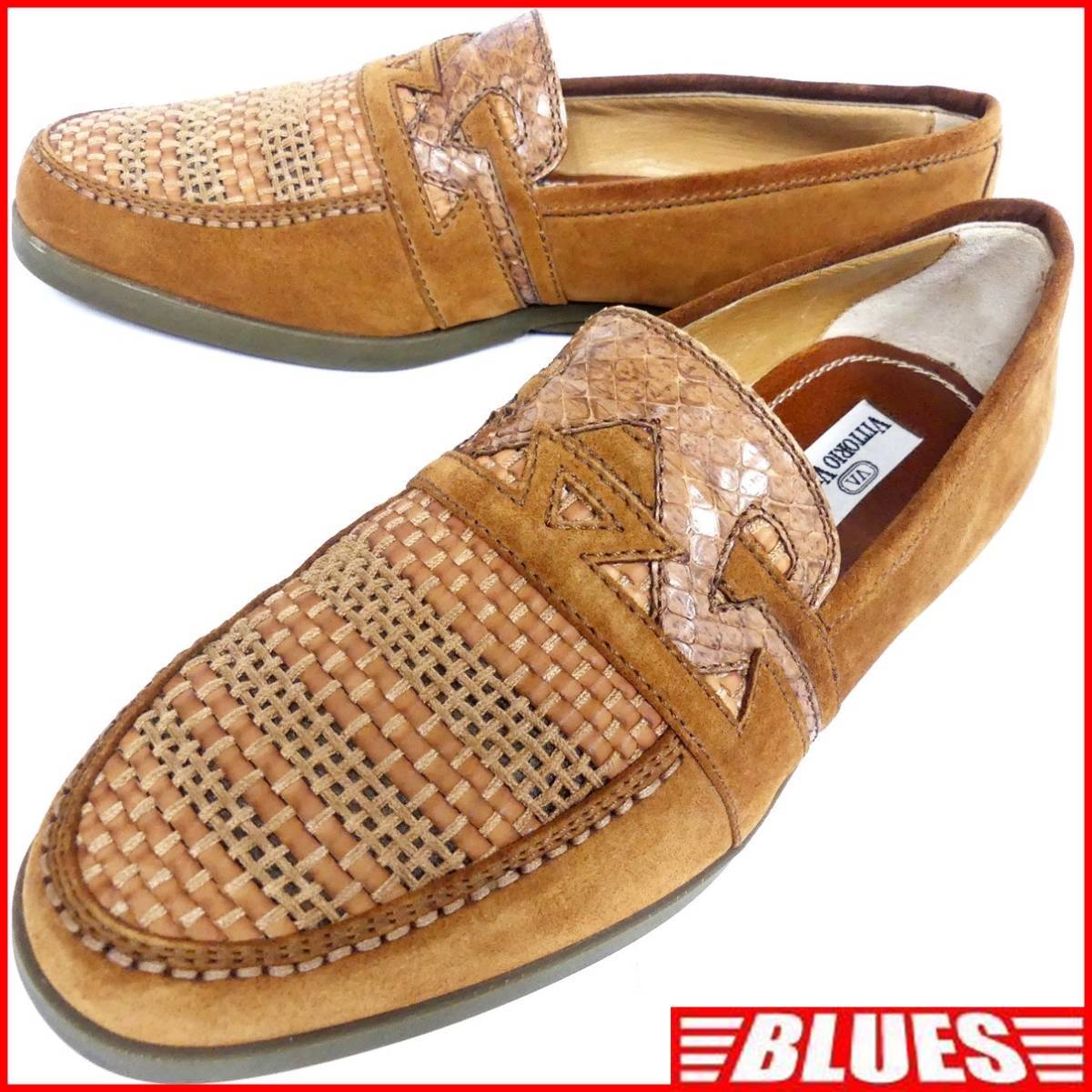 即決★VITTORIO VIRGILI★26cm位 レザースリッポン ヴィットリオヴィルジリ メンズ 茶 本革 メッシュ 本皮 ローファー 革靴 パイソン拍卖