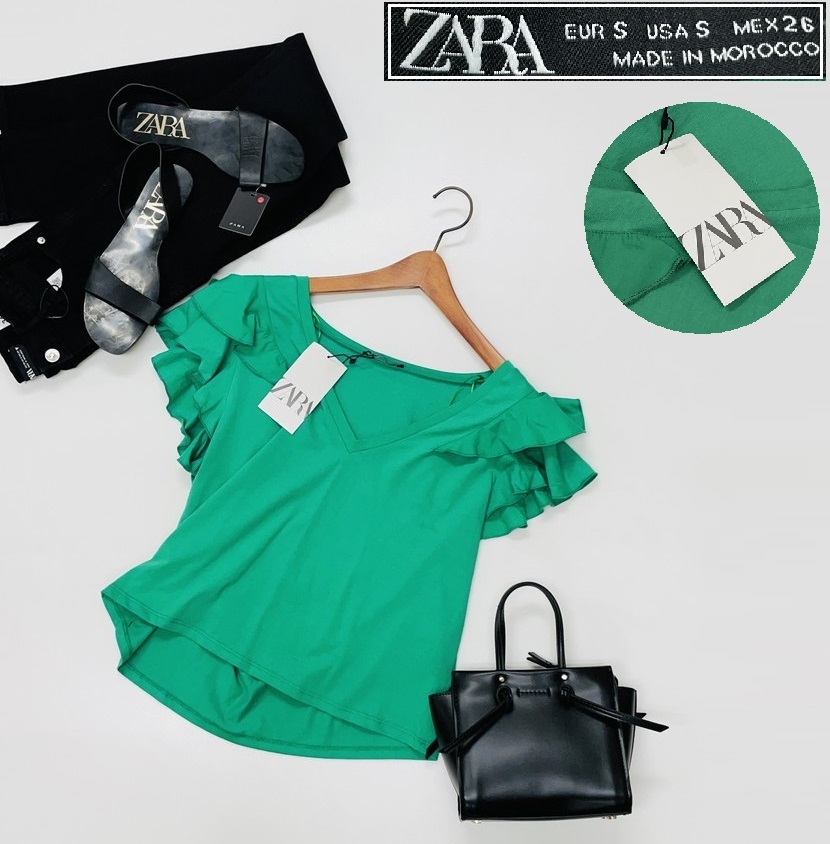 /S/ ZARA グリーン フリルカットソー レディース タグ カジュアル トップス 通勤 大人可愛いガーリーデイリー コットン 春夏 ザラ拍卖