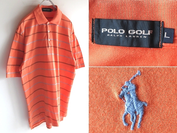 希少 00sビンテージ POLO GOLF RALPH LAUREN ポロゴルフ ラルフローレン ロゴ刺繍 カットソー生地 ボーダー ポロシャツ L オレンジ 橙色拍卖