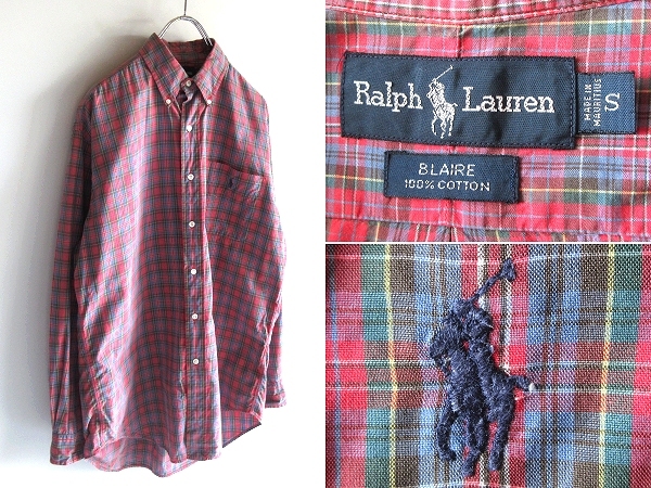 希少 90sビンテージ Ralph Lauren ラルフローレン BLAIRE ポロポニーロゴ刺繍 コットン チェック BDシャツ S 赤 青 USA企画 ネコポス対応拍卖