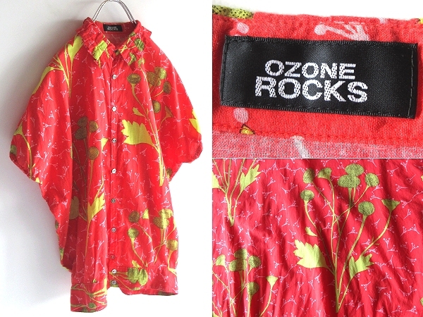 希少 00sビンテージ OZONE ROCKS オゾンロックス 花/フラワープリント コットン プリーツ襟 ドルマンシャツ FREE レッド 赤 ネコポス対応拍卖